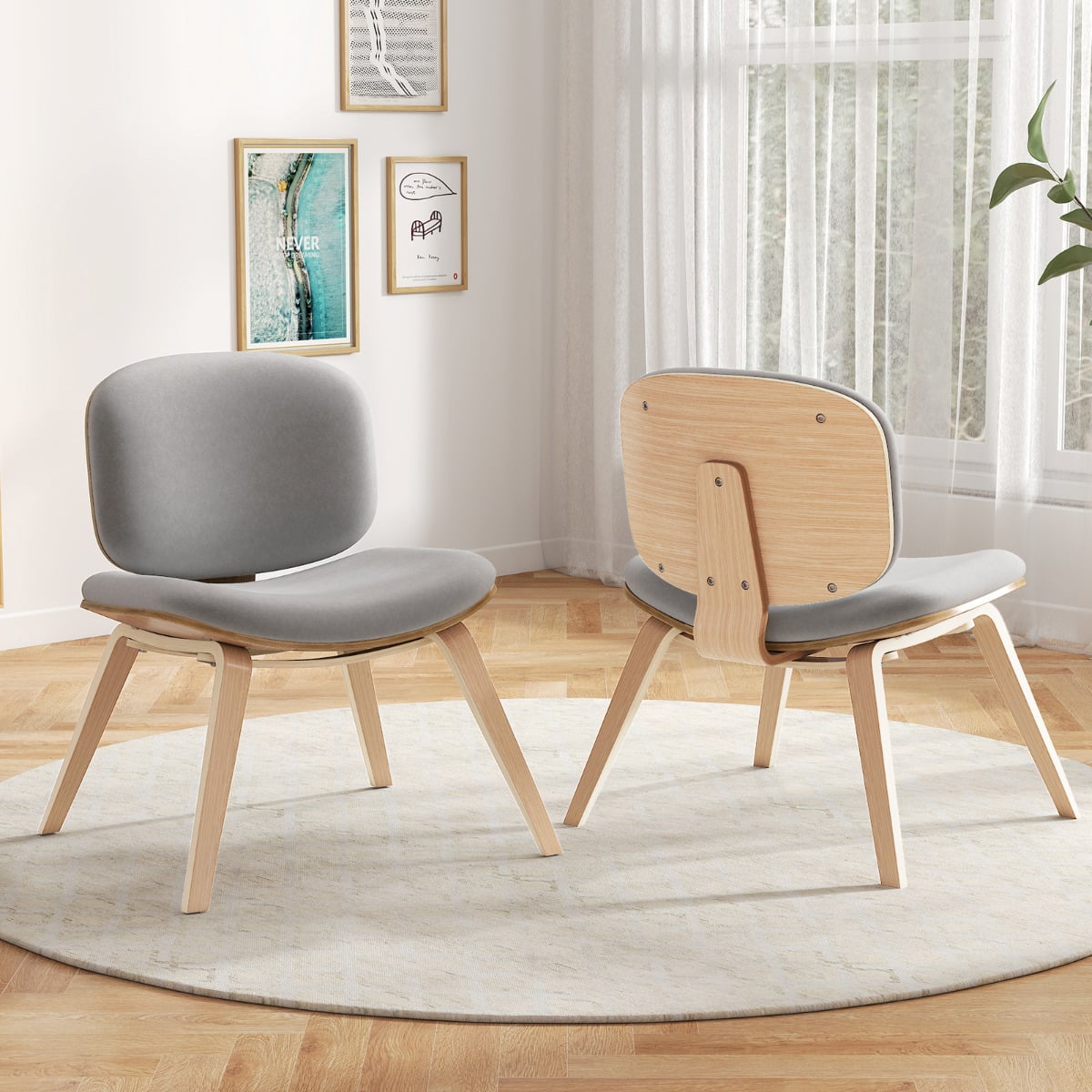 Modern Accent Chair with Curved Backrest and Padded Seat-Oak