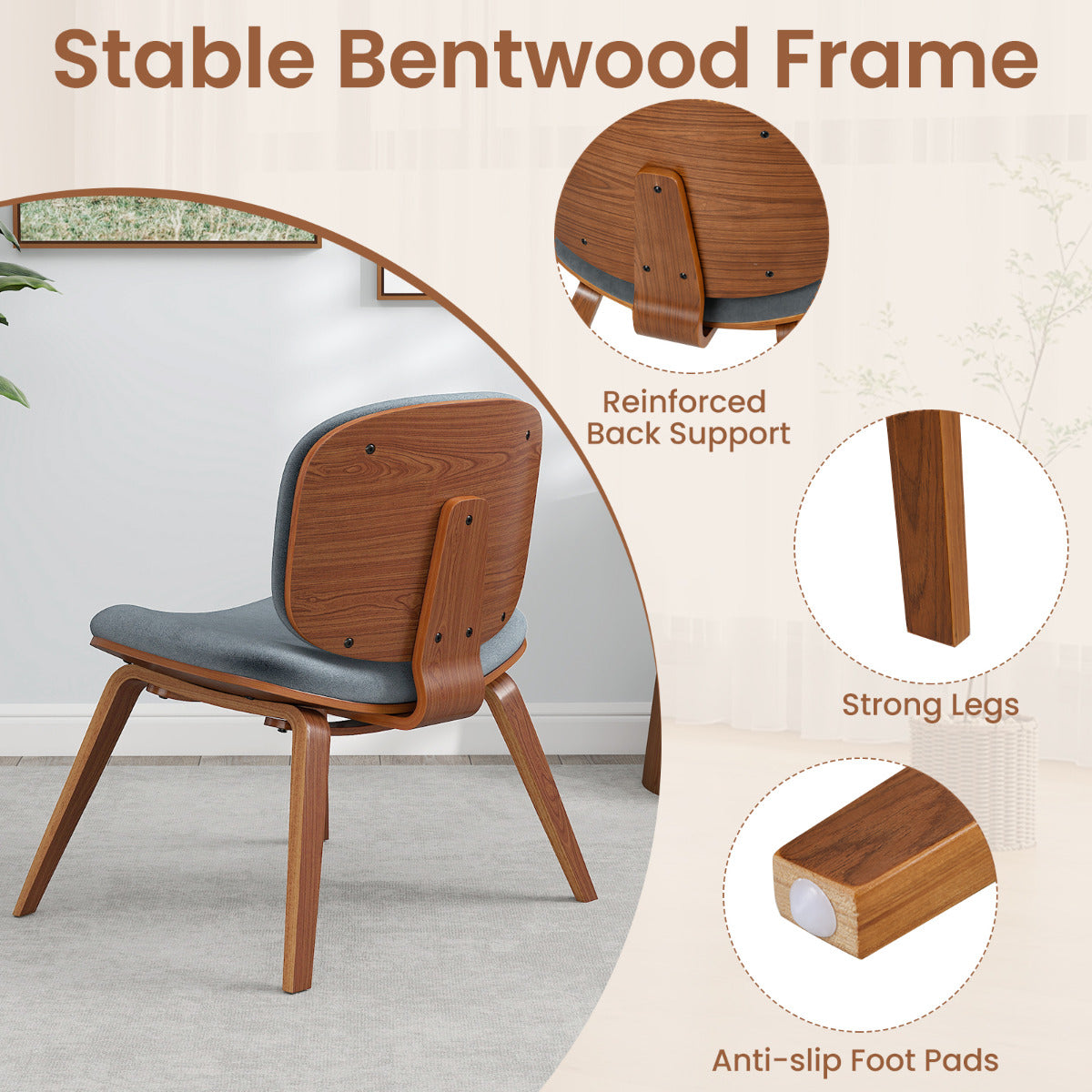 Modern Accent Chair with Curved Backrest and Padded Seat-Walnut