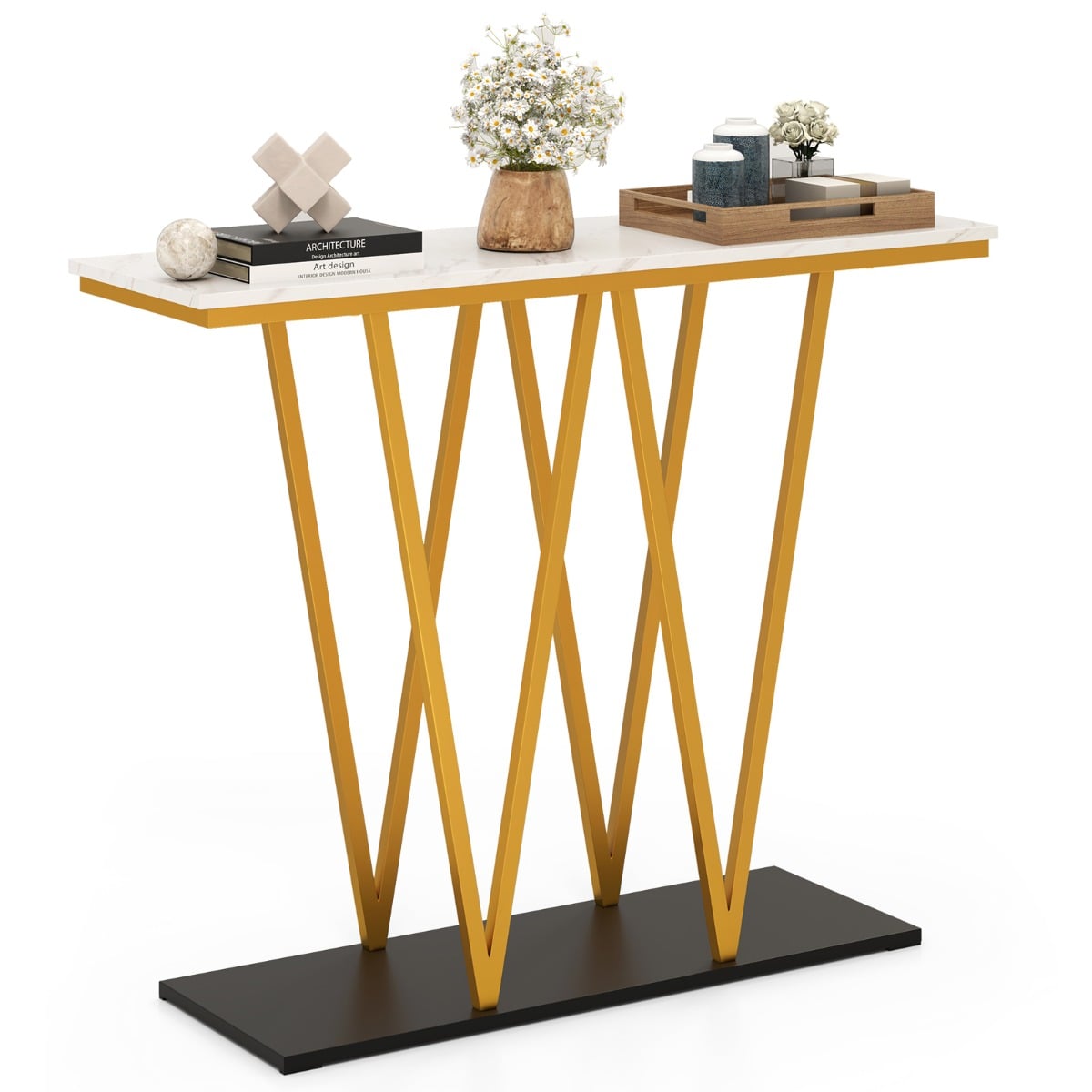 Modern Accent Extra Long Console Entry Table with Faux Marble Top-White