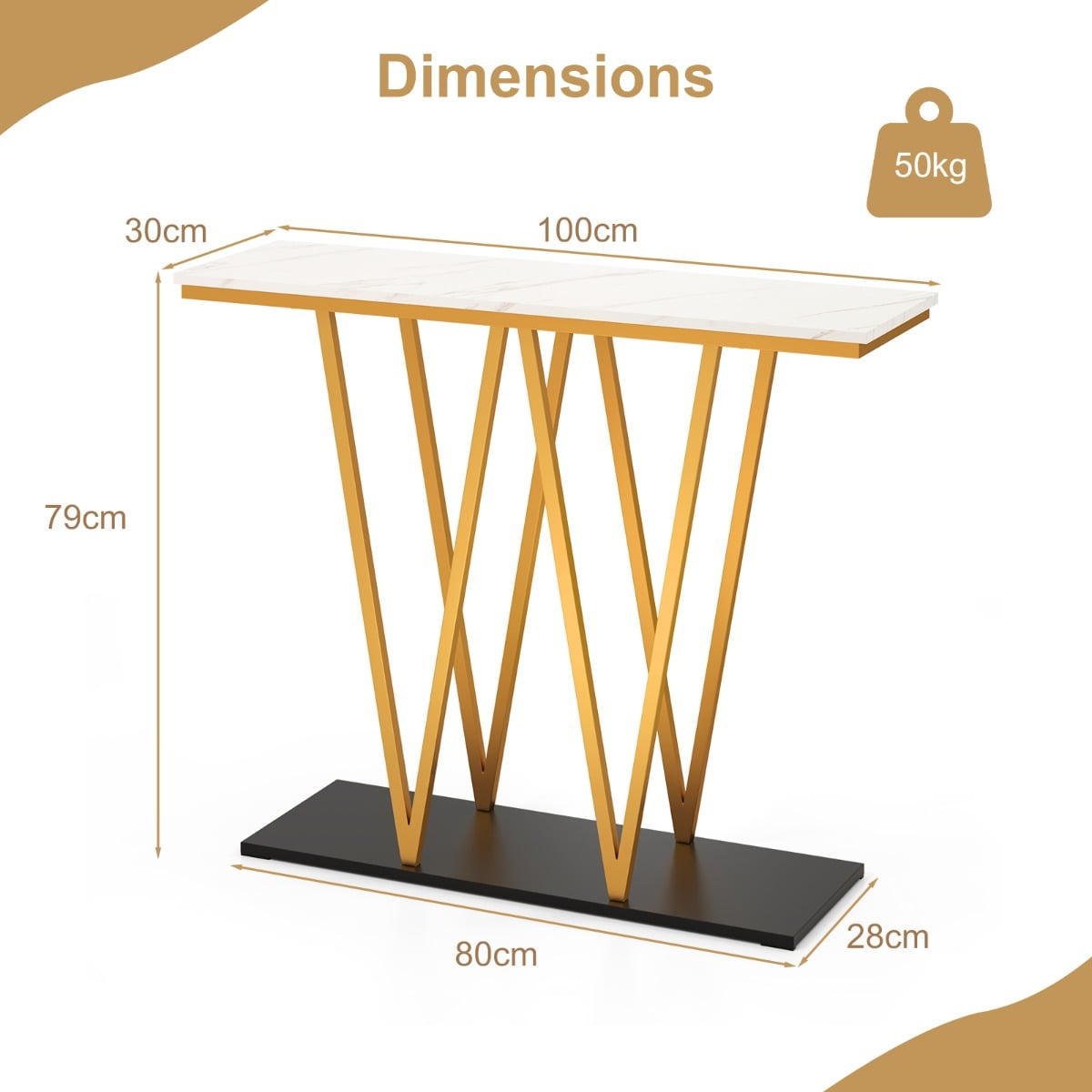Modern Accent Extra Long Console Entry Table with Faux Marble Top-White