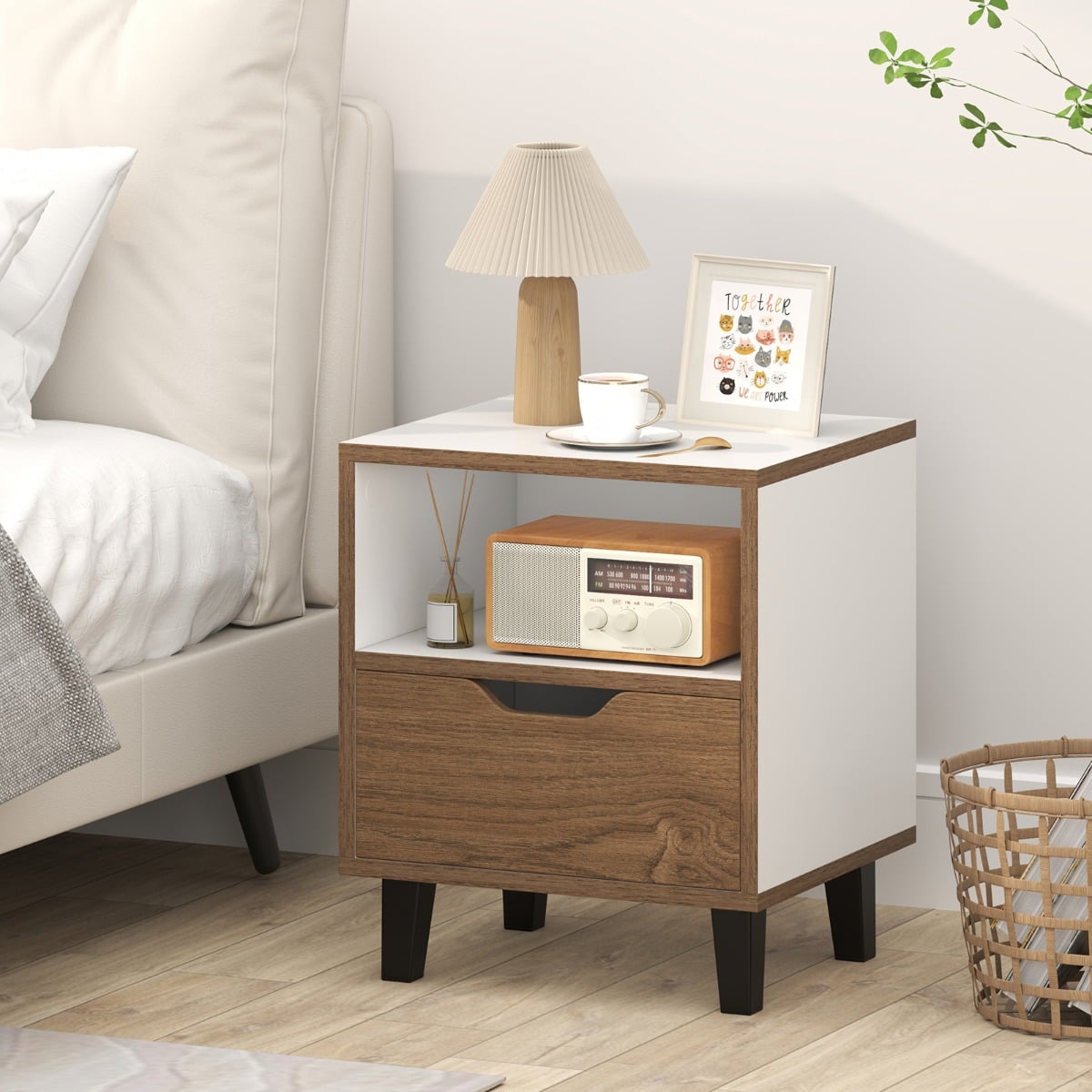 Mid Century Modern Bedside Table Nightstand with Drawer-White