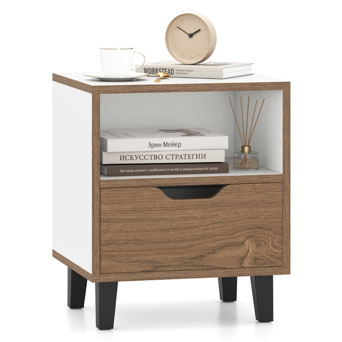 Mid Century Modern Bedside Table Nightstand with Drawer-White