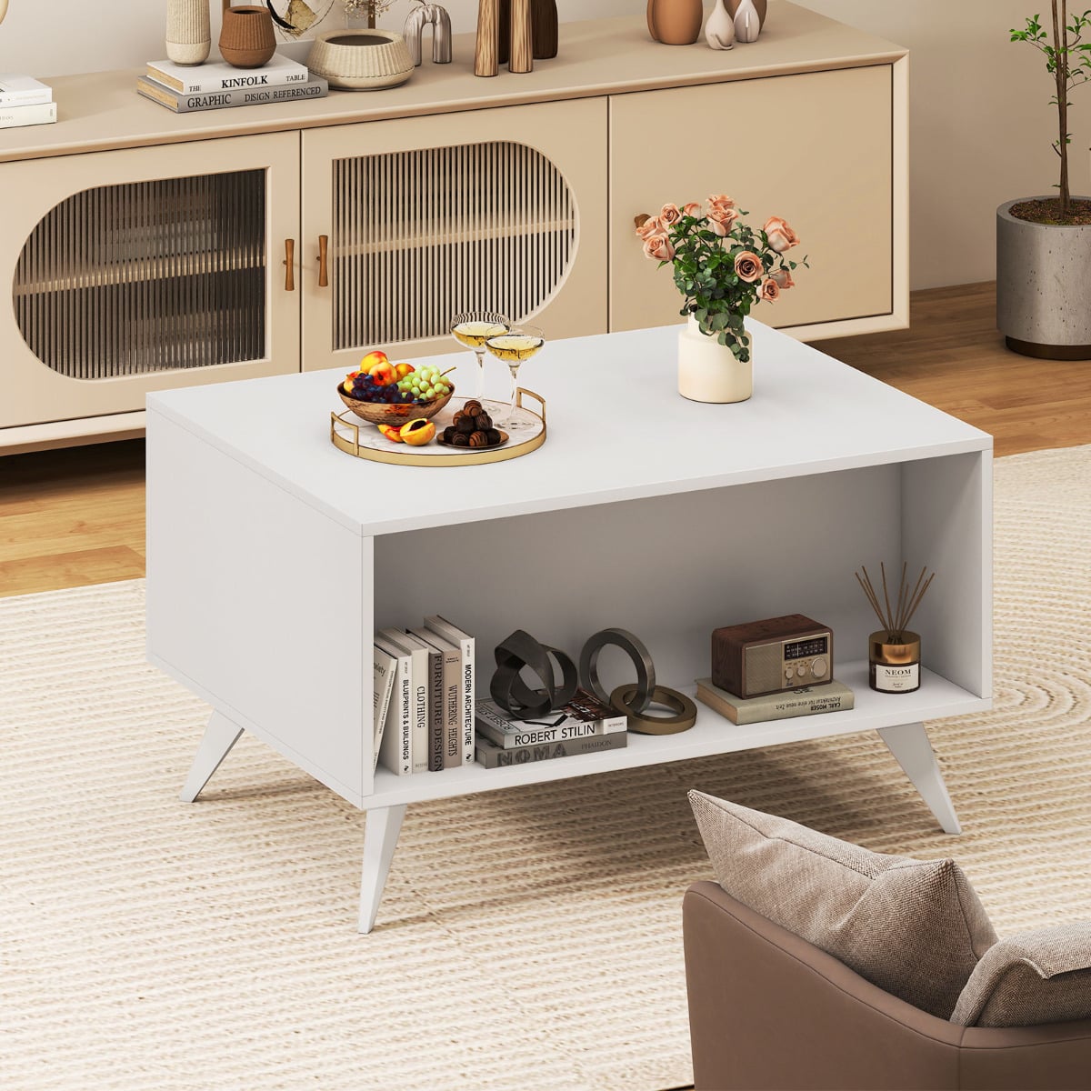Modern Coffee Table with Storage Farmhouse Accent Table with Open Compartments and 3 Drawers-White