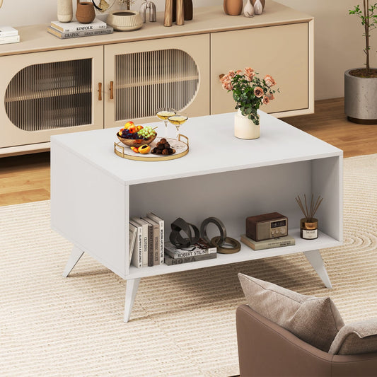 Modern Coffee Table with Storage Farmhouse Accent Table with Open Compartments and 3 Drawers-White