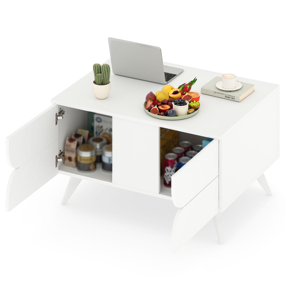 Modern Coffee Table with Storage Farmhouse Accent Table with Open Compartments and 3 Drawers-White