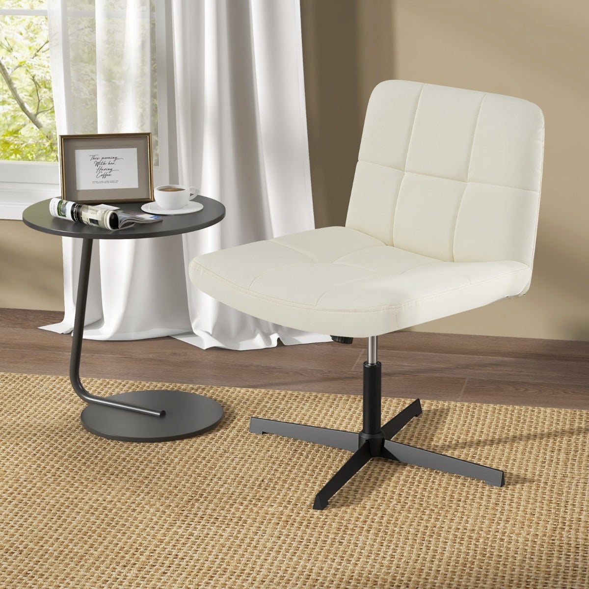 PU Leather Upholstered Armless Cross Legged Office Desk Chair No Wheels-Beige