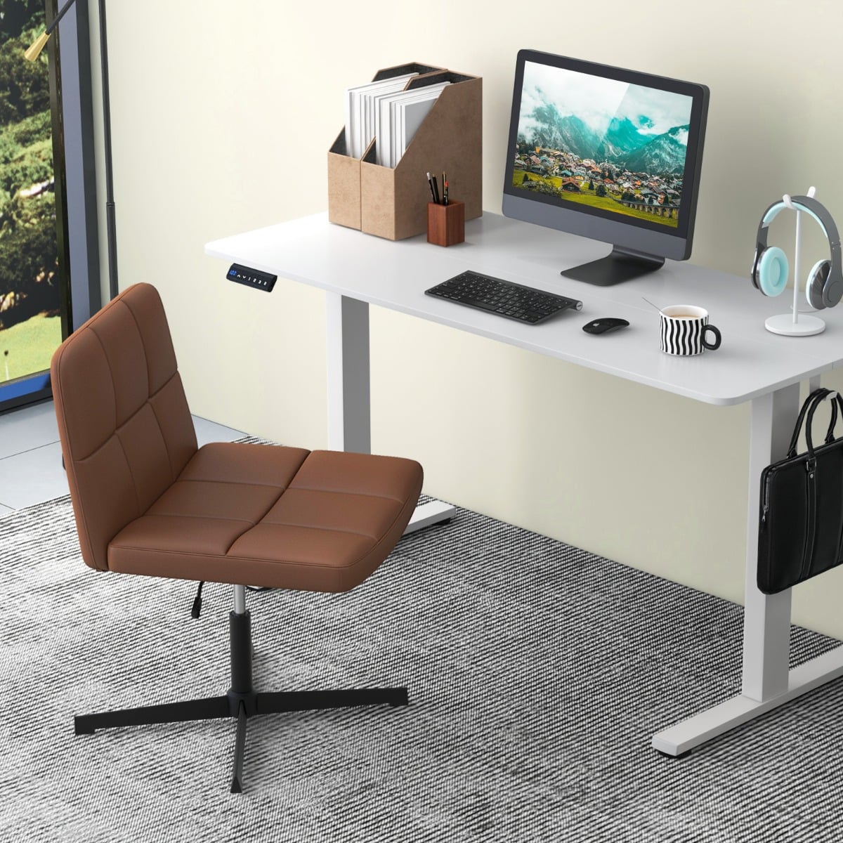 PU Leather Upholstered Armless Cross Legged Office Desk Chair No Wheels-Brown