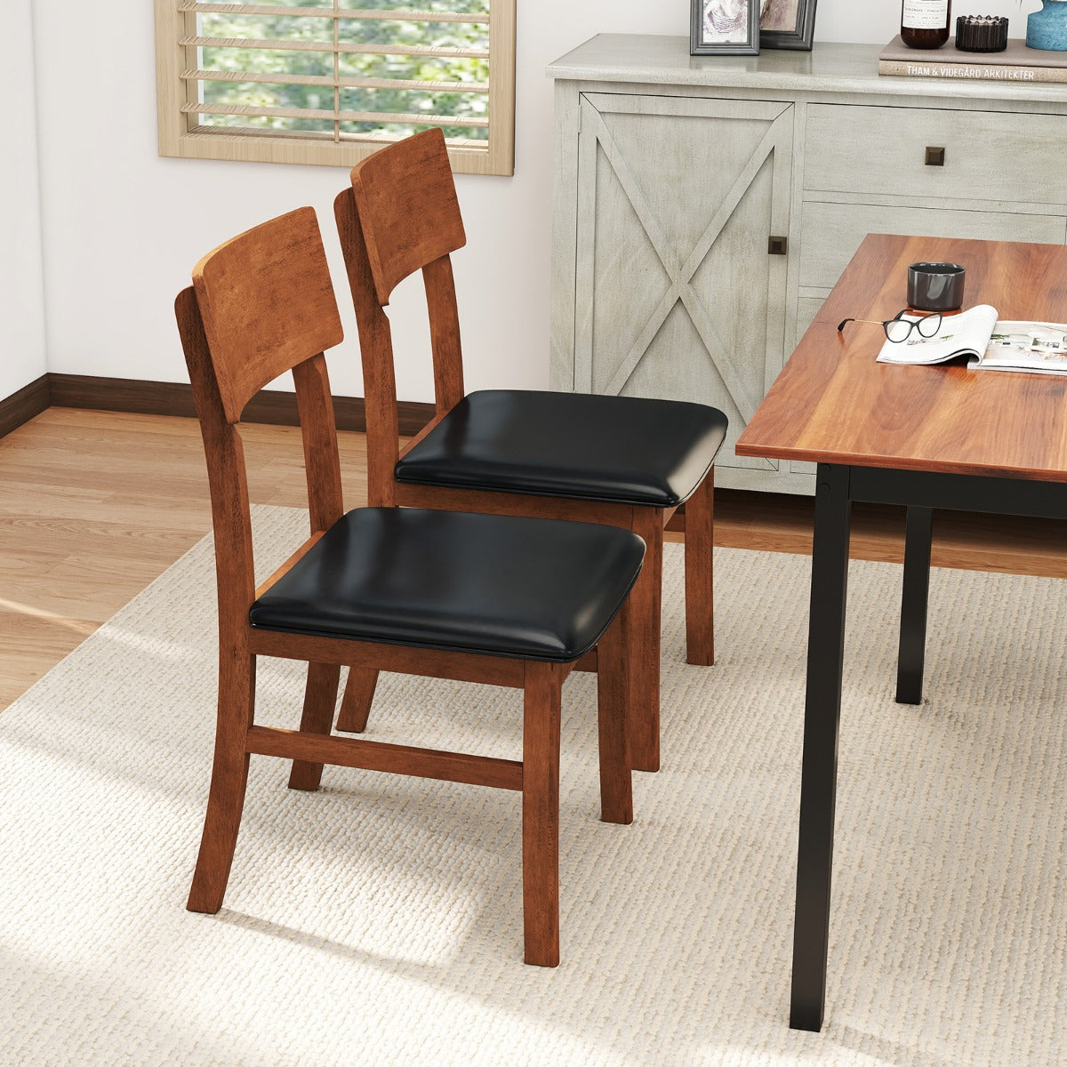 Modern Dining Chair Set of 2 with Rubber Wood Legs and Artificial Leather-Black