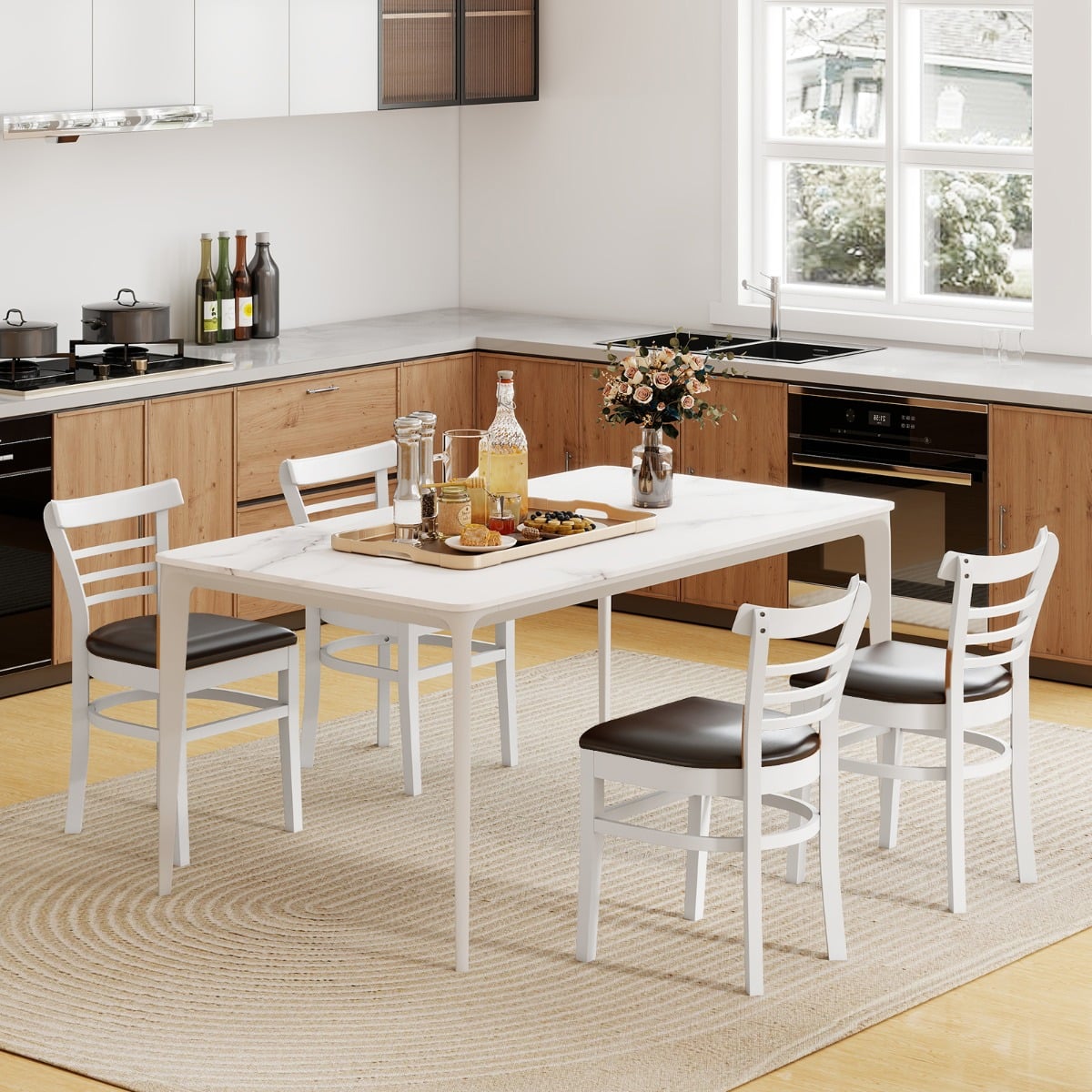Modern Dining Chair Set of 2 with Rubber Wood Legs and Padded Seat-Black & White