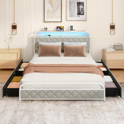 Modern Faux Leather Upholstered Platform Bed with Storage Headboard-White-King Size