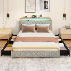 Modern Faux Leather Upholstered Platform Bed with Storage Headboard-Golden-King Size