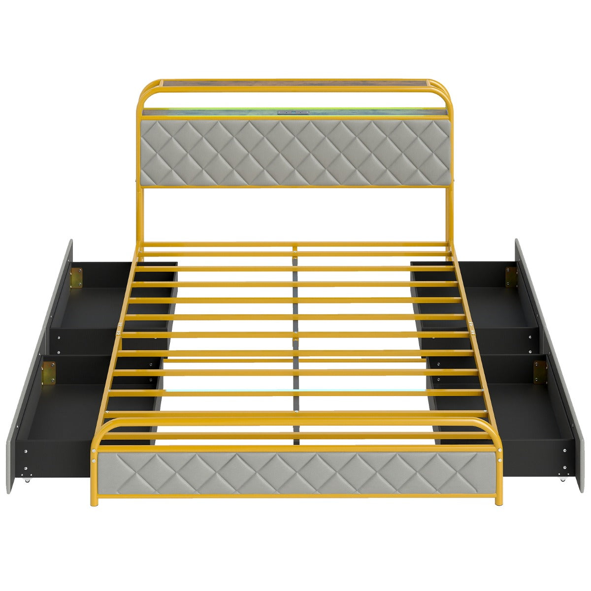 Modern Faux Leather Upholstered Platform Bed with Storage Headboard-Golden-King Size