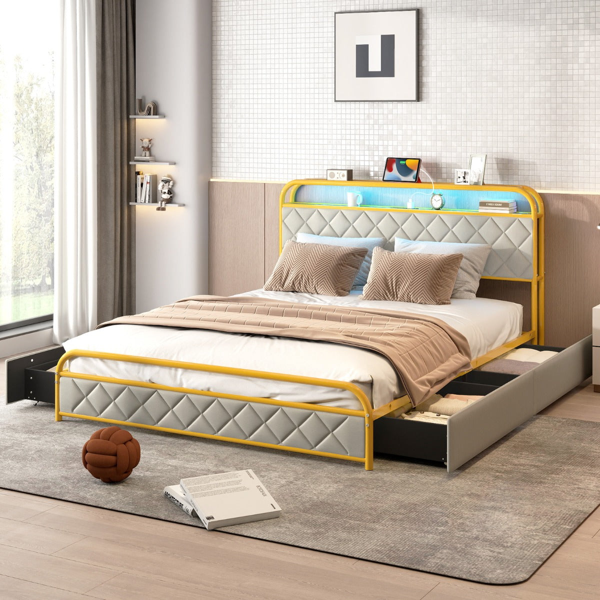 Modern Faux Leather Upholstered Platform Bed with Storage Headboard-Golden-King Size