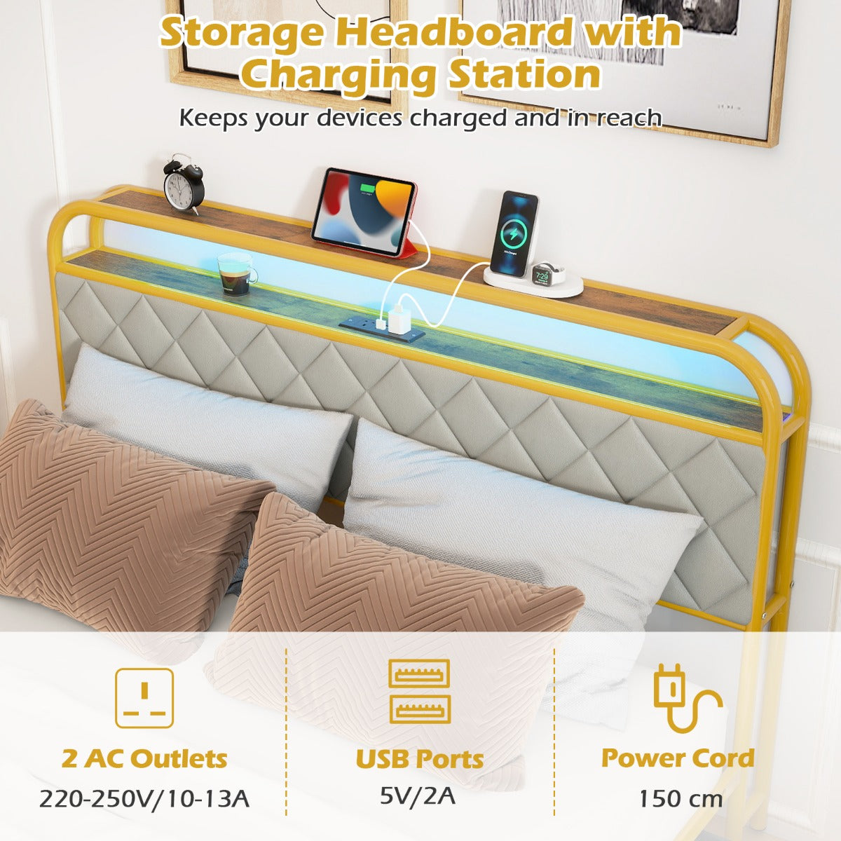 Modern Faux Leather Upholstered Platform Bed with Storage Headboard-Golden-King Size