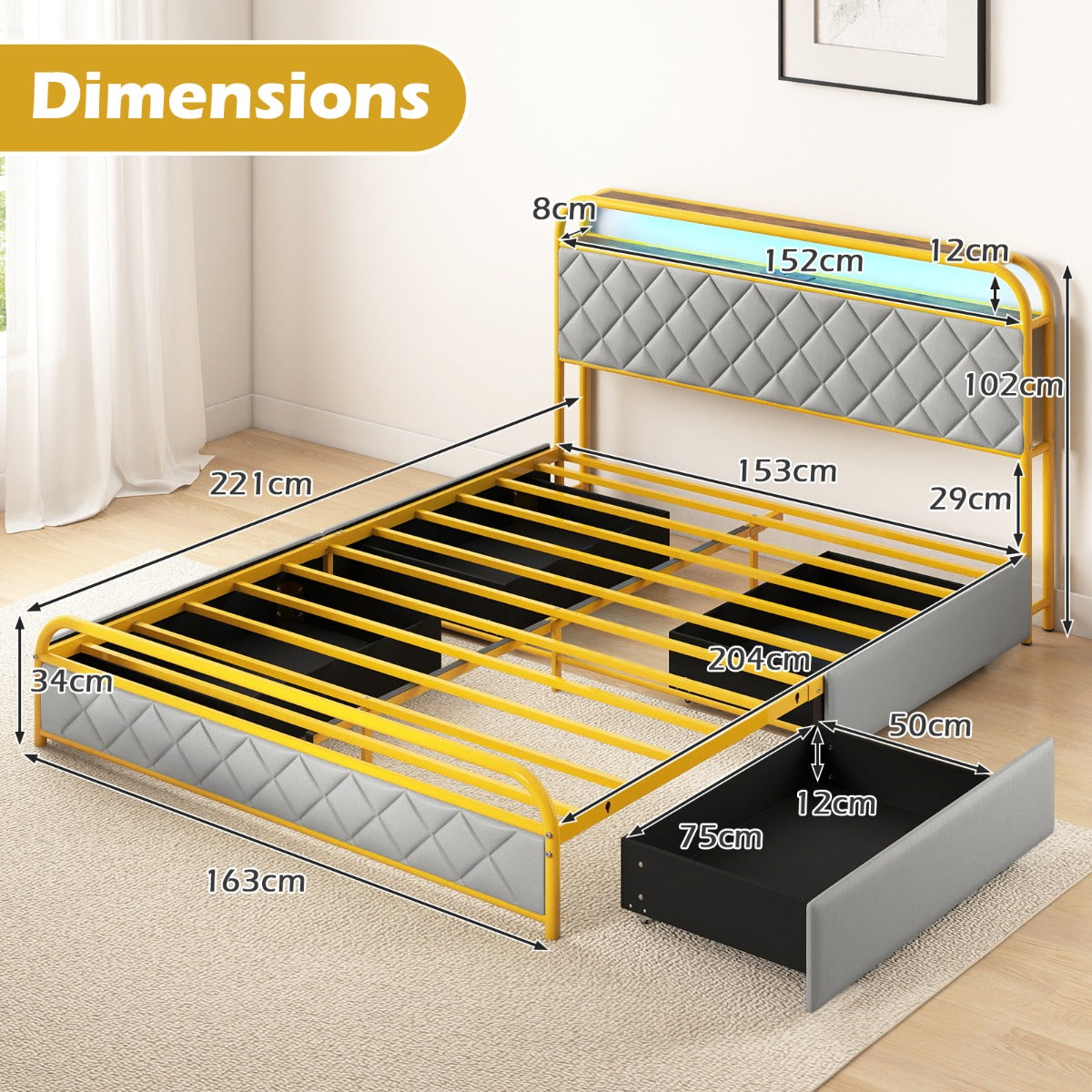 Modern Faux Leather Upholstered Platform Bed with Storage Headboard-Golden-King Size