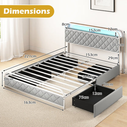 Modern Faux Leather Upholstered Platform Bed with Storage Headboard-White-King Size