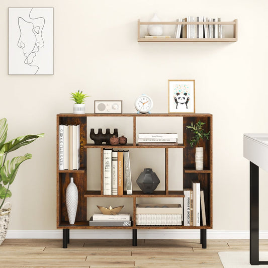 Modern Geometric Bookcase with Anti-tipping Devices-Rustic Brown