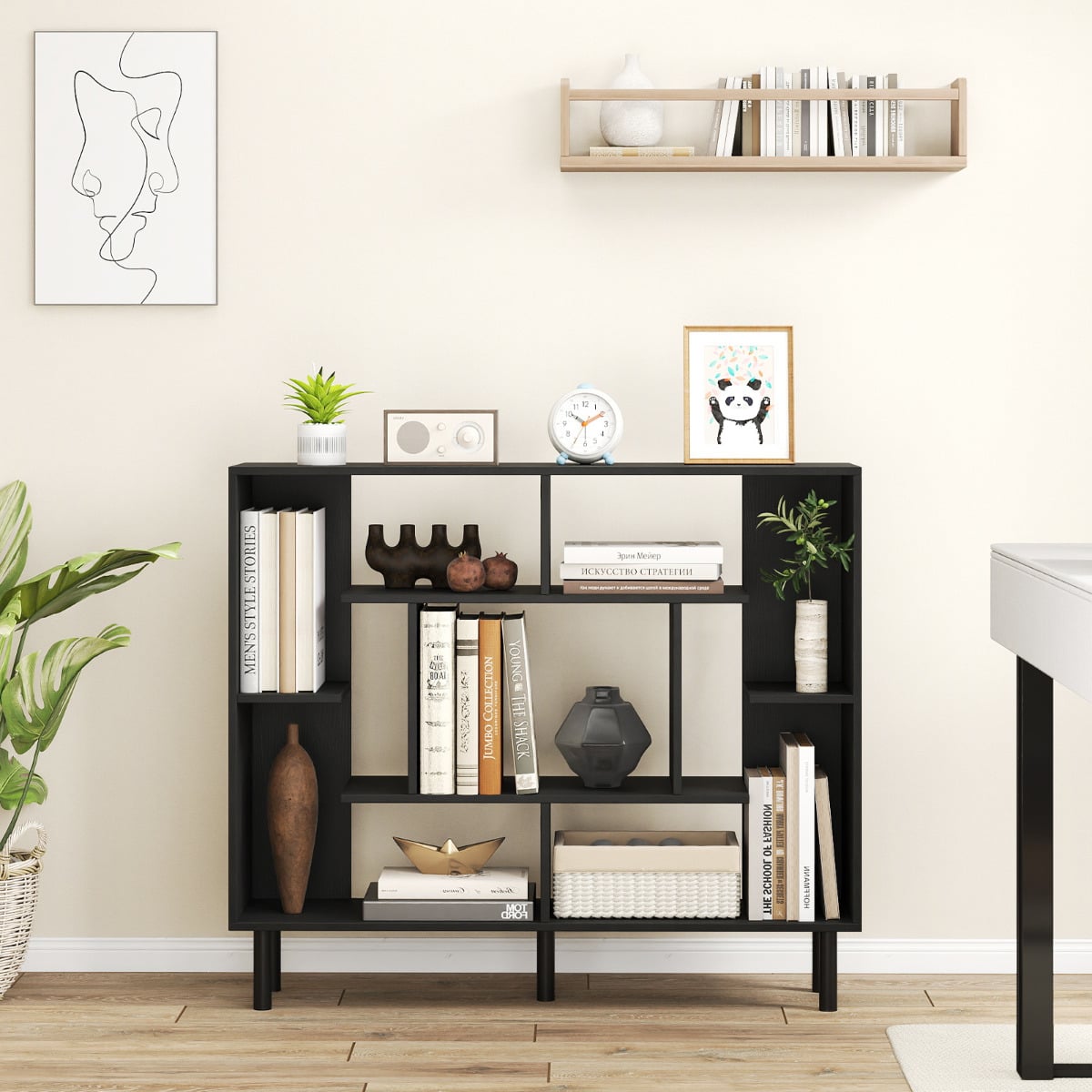 Modern Geometric Bookcase with Anti-tipping Devices-Black