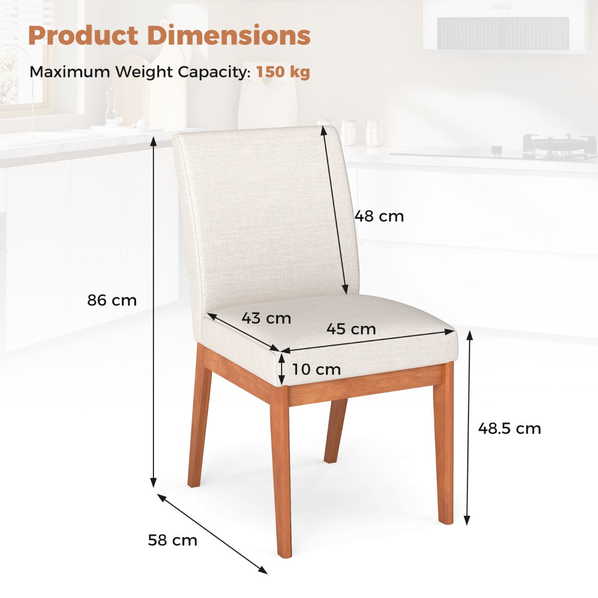 Modern Kitchen Chair Set of 2 with Rubber Wood Legs and Padded Seat-Beige