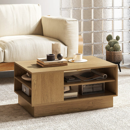 Modern Rectangle Coffee Table with 2-Tier Open Storage Shelves-Natural