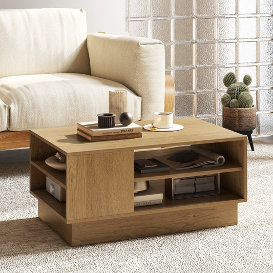 Modern Rectangle Coffee Table with 2-Tier Open Storage Shelves-Natural