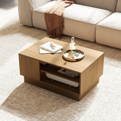 Modern Rectangle Coffee Table with 2-Tier Open Storage Shelves-Natural
