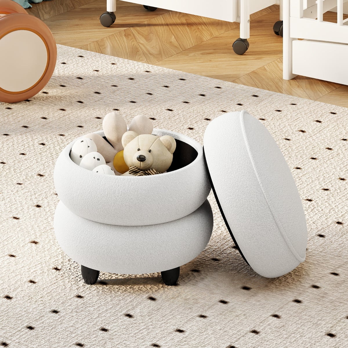 Modern Round Storage Ottoman with Removable Lid and Rubberwood Legs-White