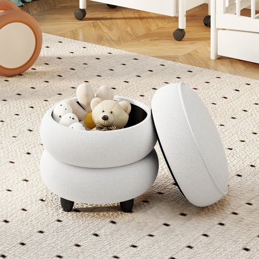 Modern Round Storage Ottoman with Removable Lid and Rubberwood Legs-White