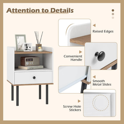 Modern Sofa Side Table with Drawer and Metal Legs for Small Spaces-White-2 Pieces