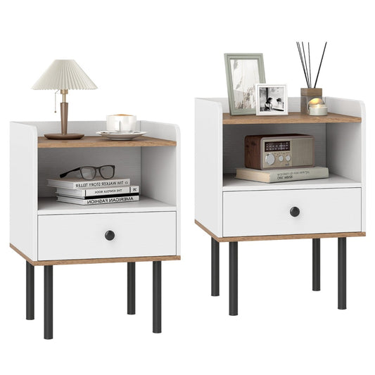 Modern Sofa Side Table with Drawer and Metal Legs for Small Spaces-White-2 Pieces