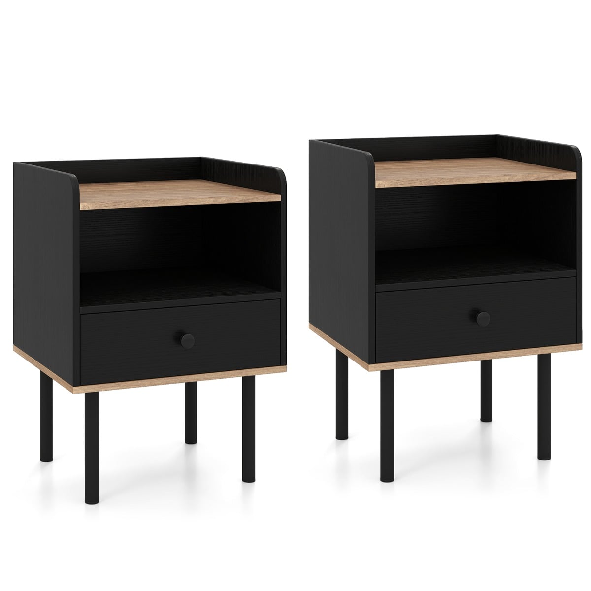 Modern Sofa Side Table with Drawer and Metal Legs for Small Spaces-Black-2 Pieces