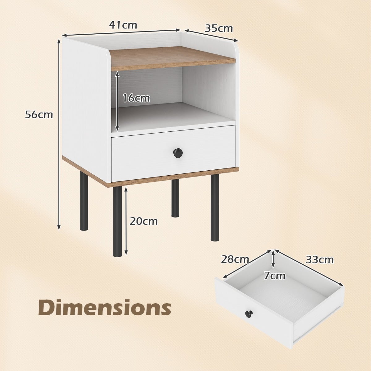 Modern Sofa Side Table with Drawer and Metal Legs for Small Spaces-White-2 Pieces