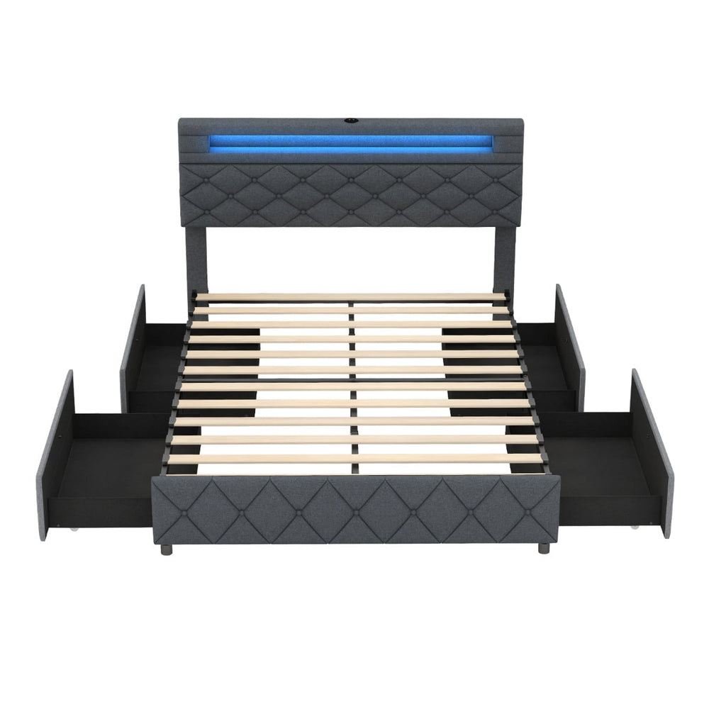 Modern Upholstered Bed Frame with Led Lights and Charging Station-Double Size
