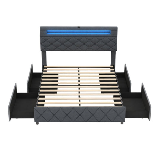 Modern Upholstered Bed Frame with Led Lights and Charging Station-Double Size