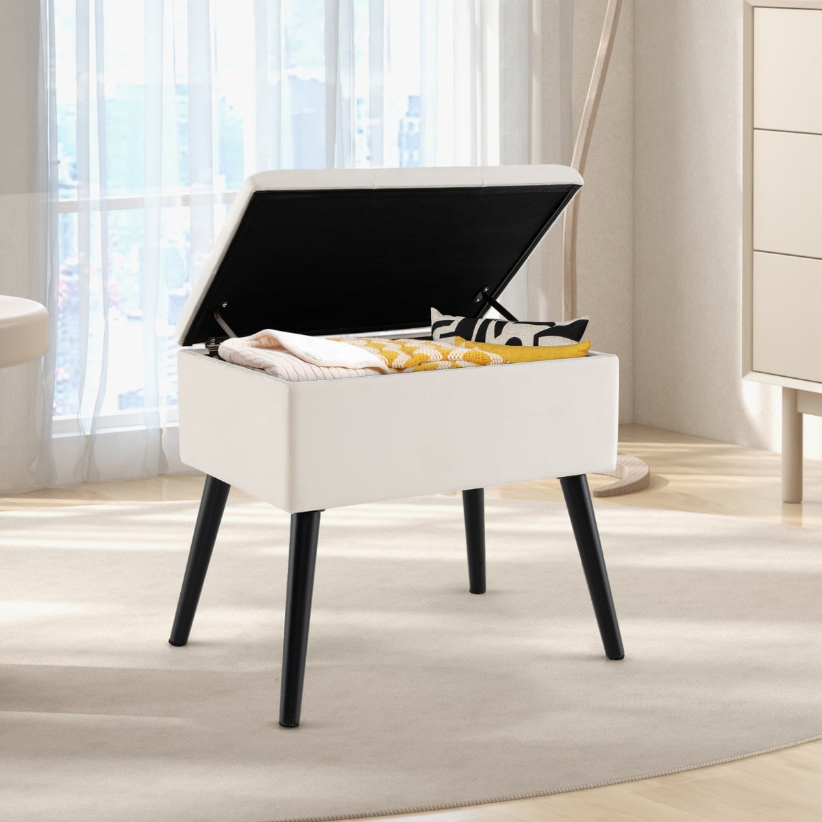 Modern Upholstered Flip Top Velvet Storage Ottoman Footrest-Beige