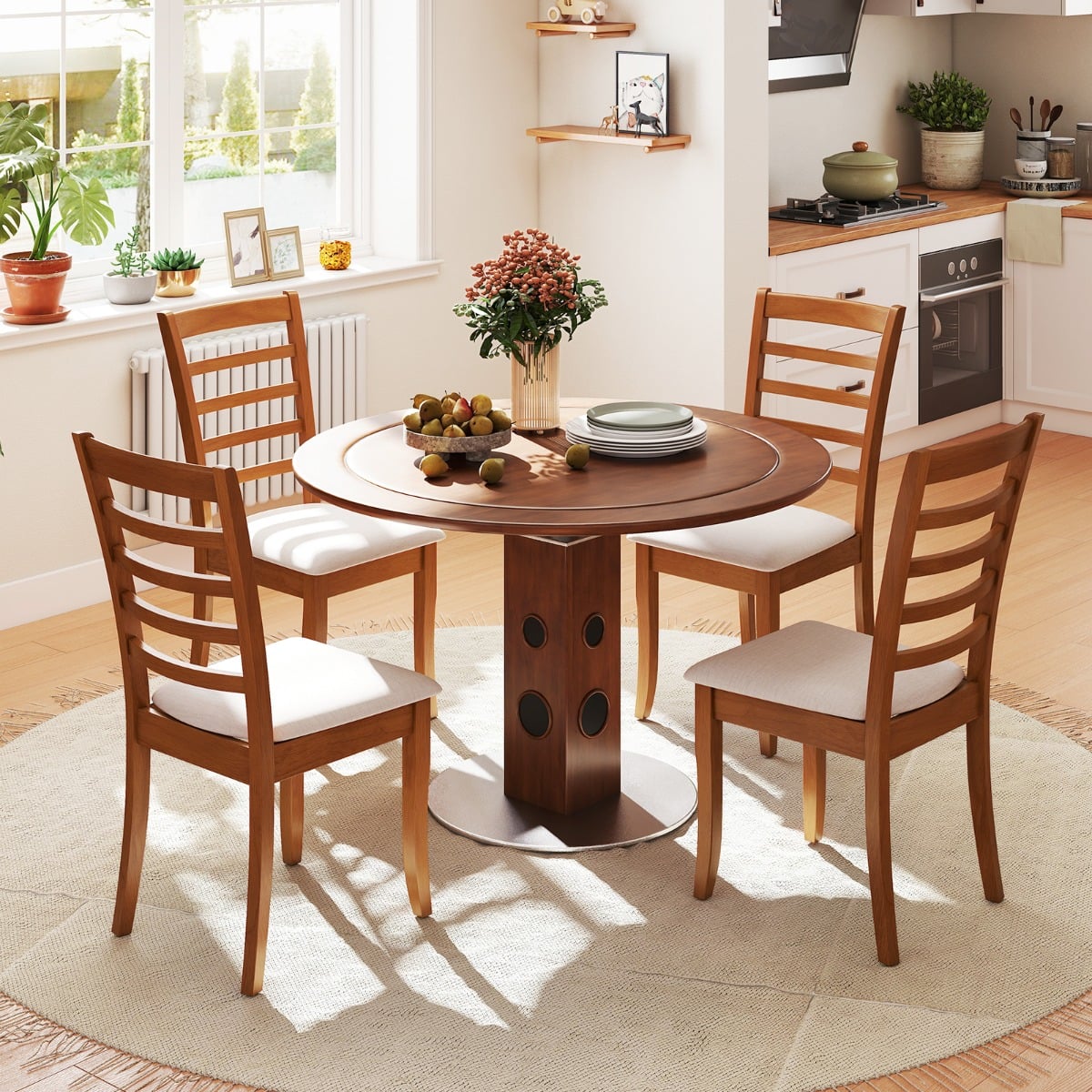 Modern Upholstered Kitchen Chair Set of 2 with Rubber Wood Legs-Beige