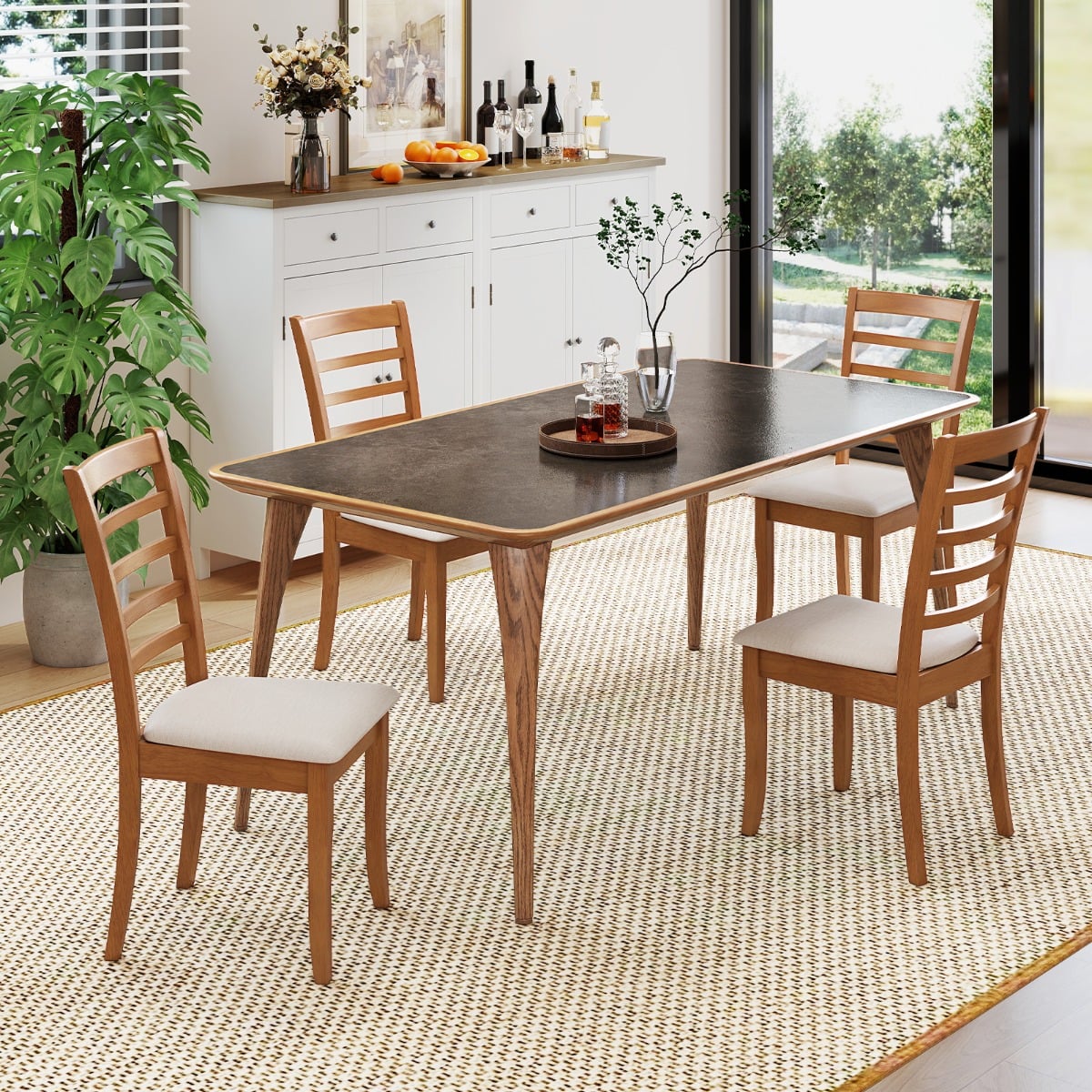 Modern Upholstered Kitchen Chair Set of 2 with Rubber Wood Legs-Beige
