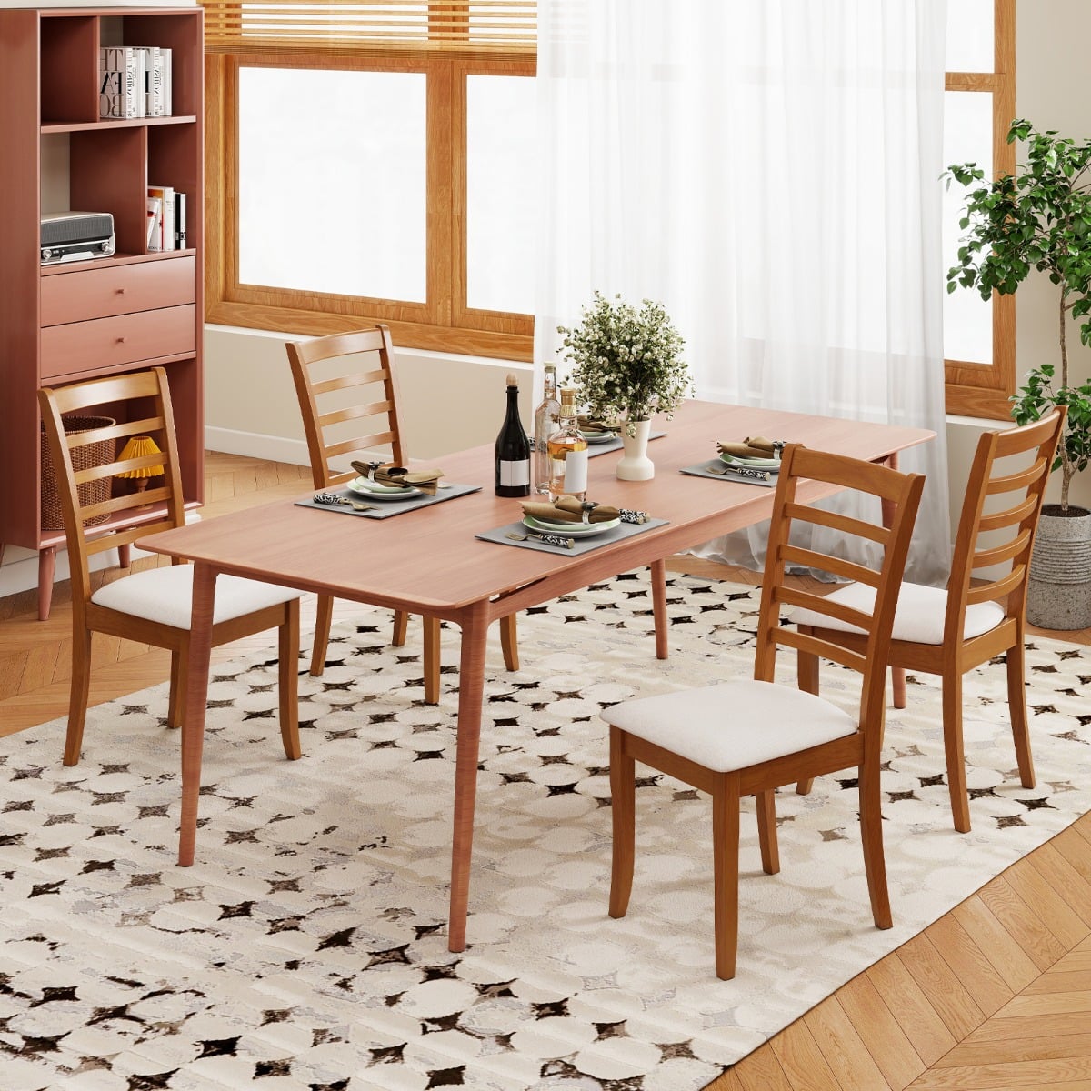 Modern Upholstered Kitchen Chair Set of 2 with Rubber Wood Legs-Beige