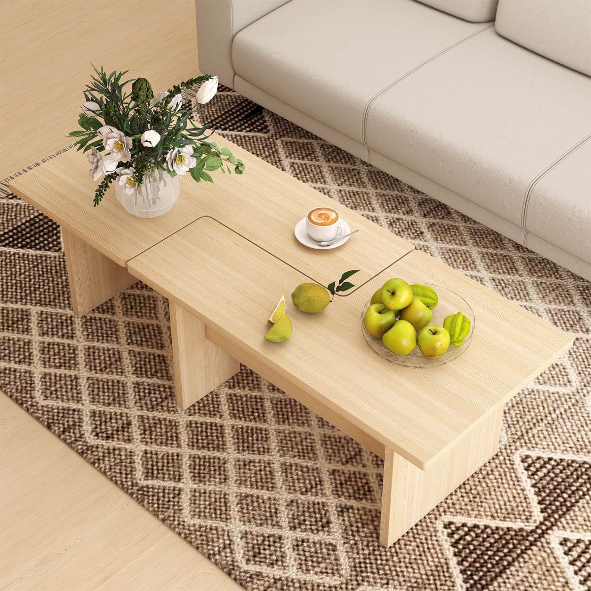 Modular Coffee Table Set of 2 L Shaped Center Tables for Small Space-Oak