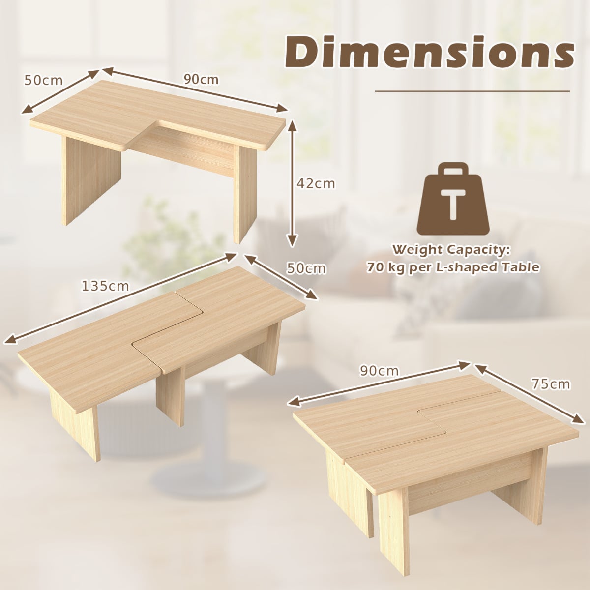 Modular Coffee Table Set of 2 L Shaped Center Tables for Small Space-Oak