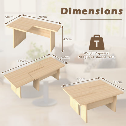 Modular Coffee Table Set of 2 L Shaped Center Tables for Small Space-Oak