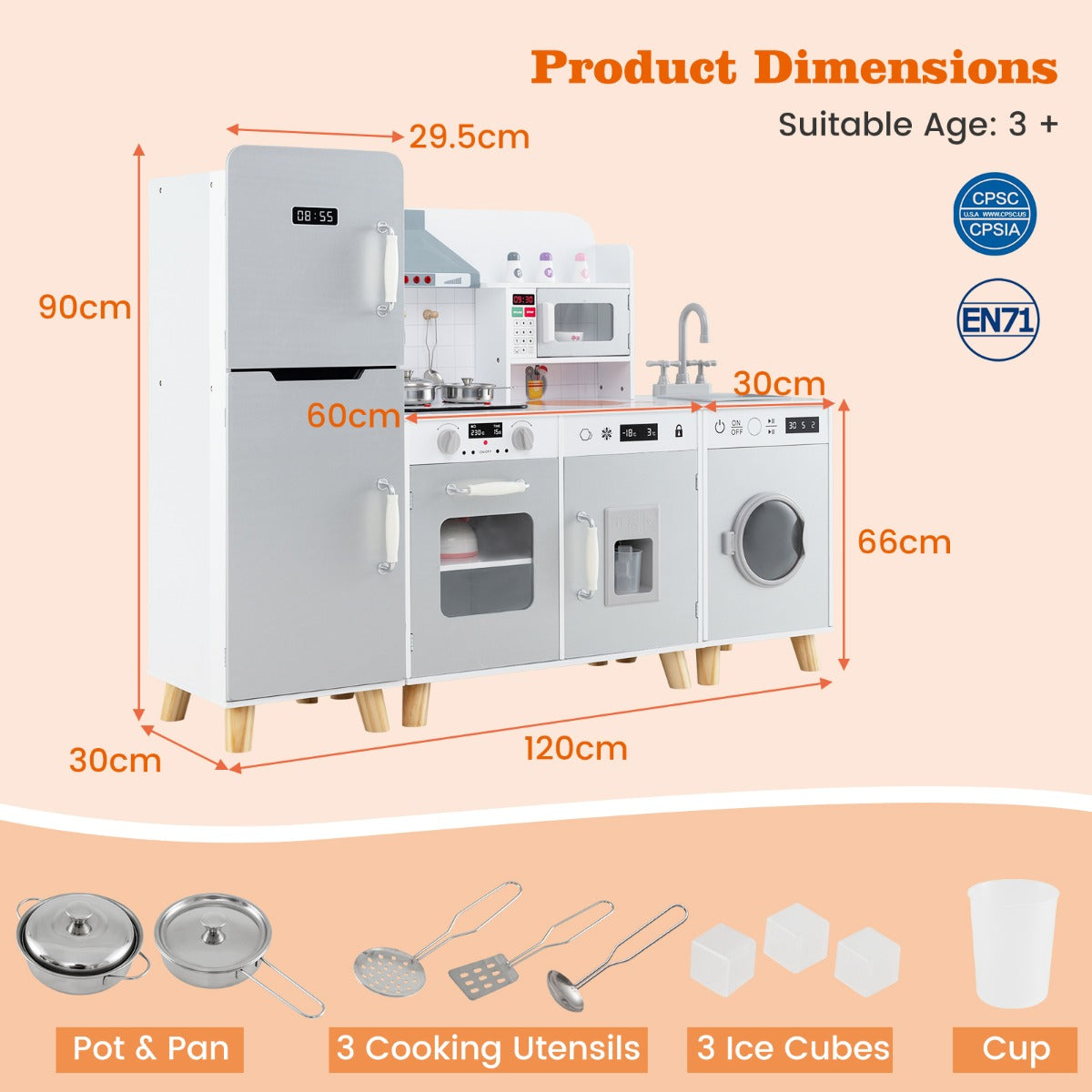 Kids Kitchen Playset with Refrigerator and Washing Machine-Grey