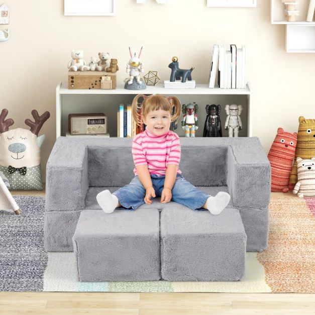 Kids Convertible Foam Modular Sofa, Soft Kids Sofa Set for Small Playrooms Grey
