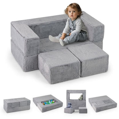 Kids Convertible Foam Modular Sofa, Soft Kids Sofa Set for Small Playrooms Grey