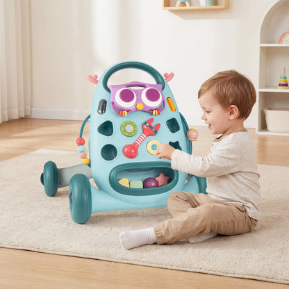 Montessori Baby Walker Toddler Educational Push Toy with Removable Oval Player and Shape Sorter-Blue
