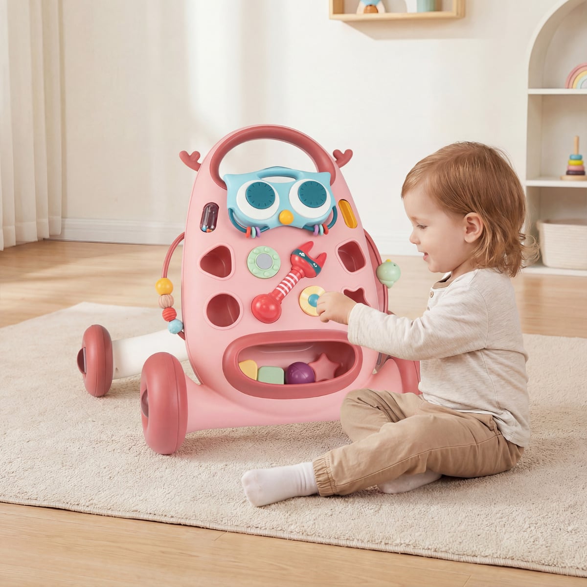 Montessori Baby Walker Toddler Educational Push Toy with Removable Oval Player and Shape Sorter-Pink