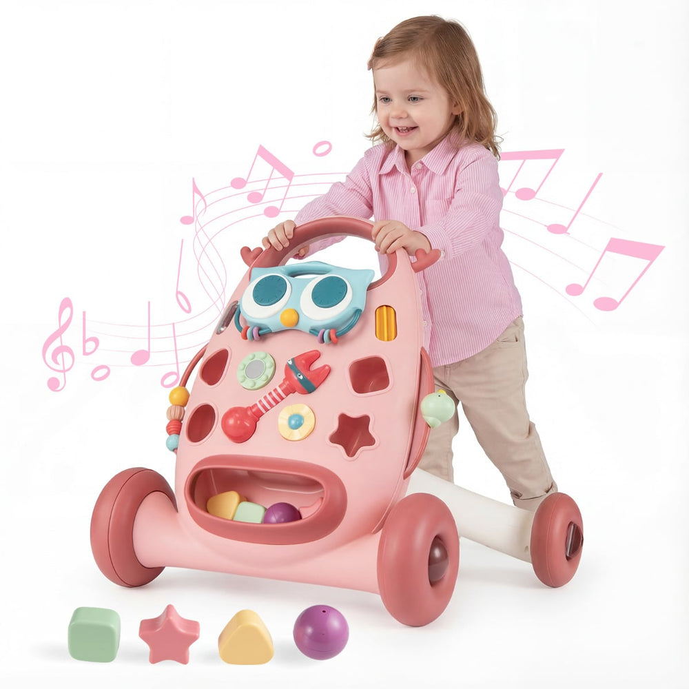 Montessori Baby Walker Toddler Educational Push Toy with Removable Oval Player and Shape Sorter-Pink