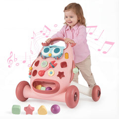 Montessori Baby Walker Toddler Educational Push Toy with Removable Oval Player and Shape Sorter-Pink