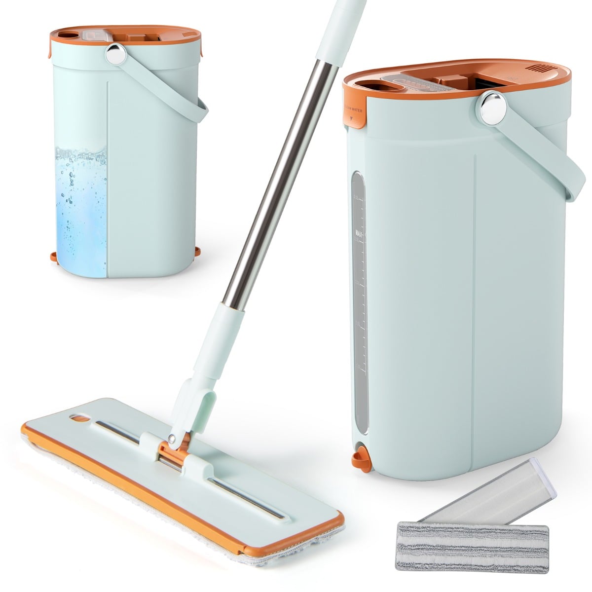 Mop and Bucket Set with Wringer 3-Tank Flat Floor Mop & Bucket System-Green