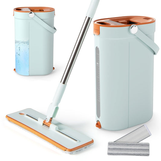 Mop and Bucket Set with Wringer 3-Tank Flat Floor Mop & Bucket System-Green
